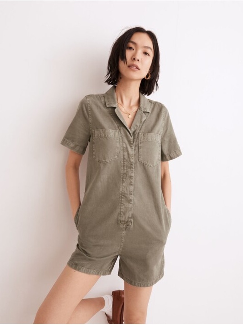 Madewell Short-Sleeve Utility Romper in Olive Green
